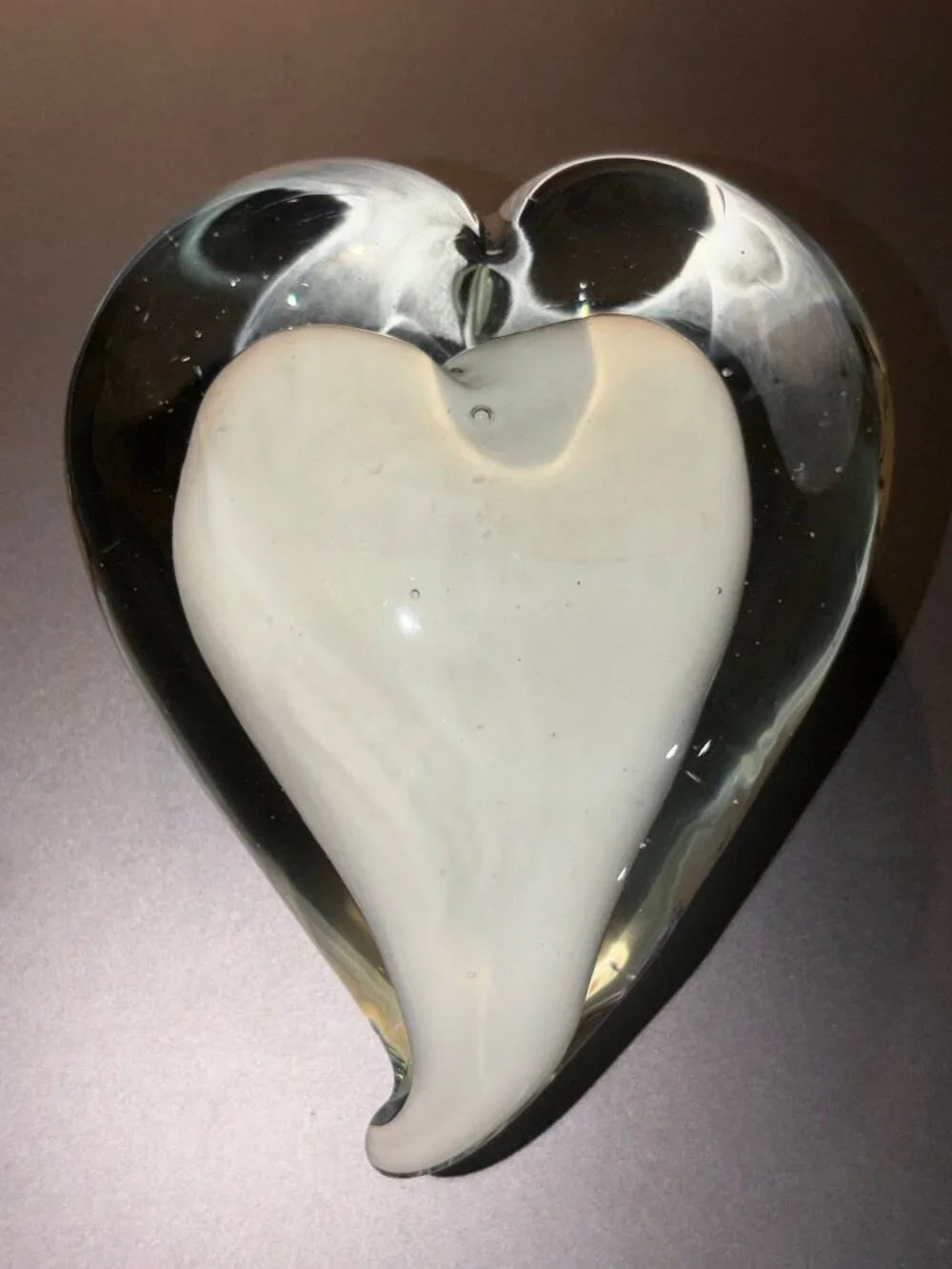 Vintage Heart-Shaped Art Glass Paperweight With White Heart Inside Design
